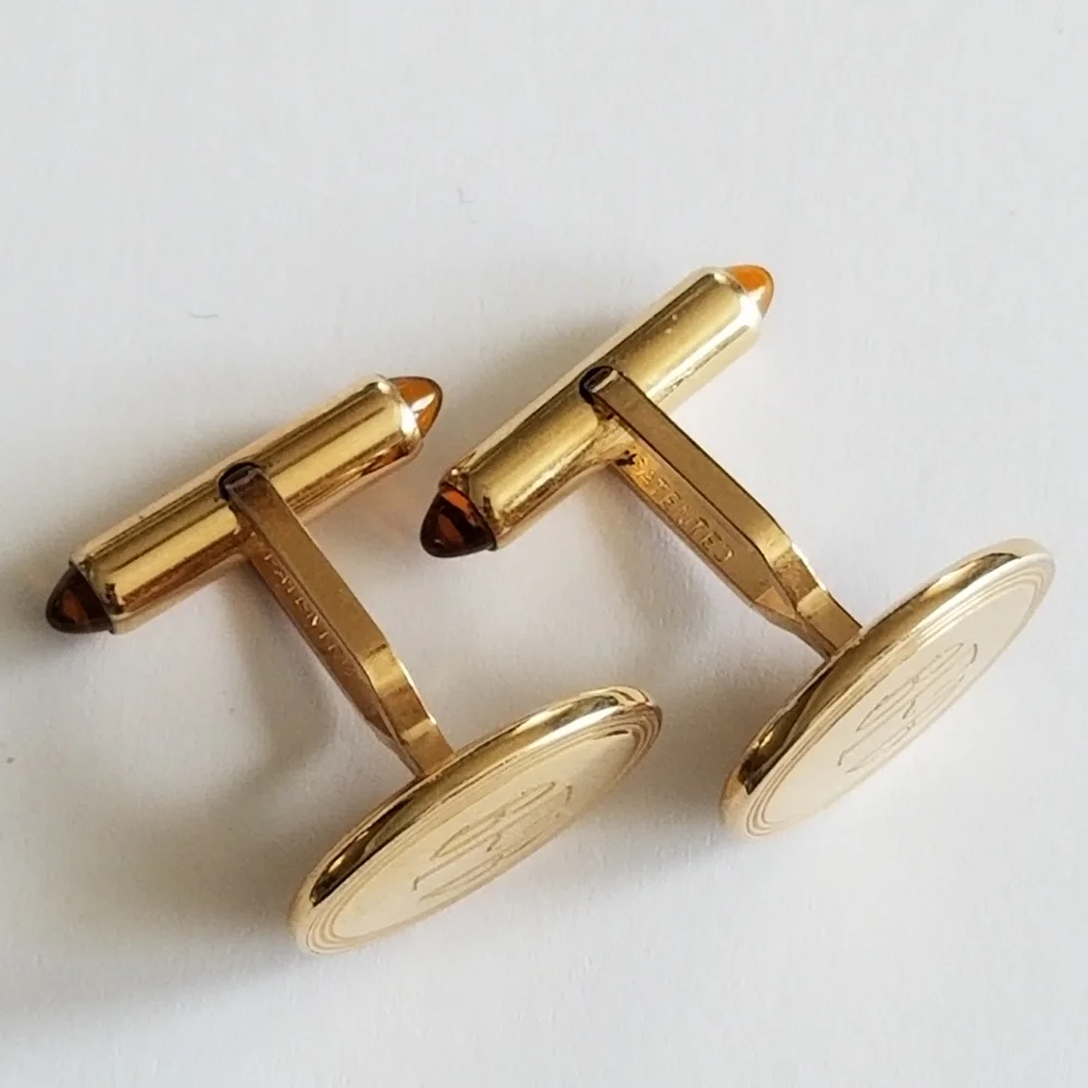 Vintage Krementz cuff links mens gold tone engraved monogram BFB orange